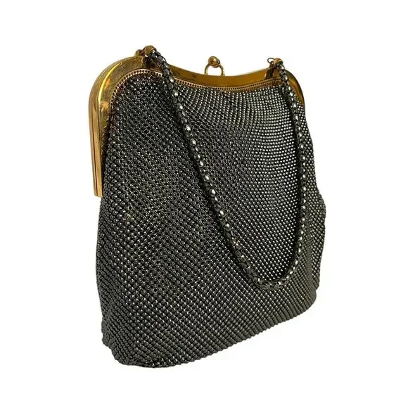 1930s Whiting & Davis Vintage Gunmetal Metal Mesh Chain Strap Evening Bag Purse